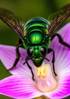 Emerald Green Bee on Pink Flower