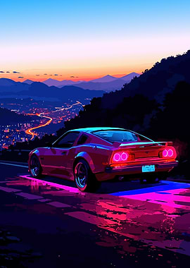 Retro Car on a Wet Road at Sunset