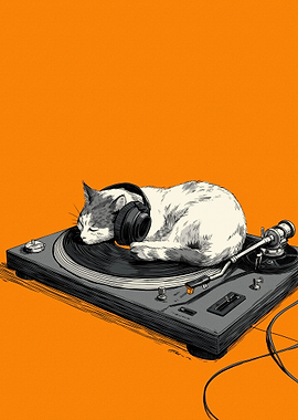Cat Sleeping on Turntable with Headphones