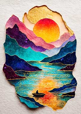 Serene Mountain River Papercraft Landscape with Lone Boat
