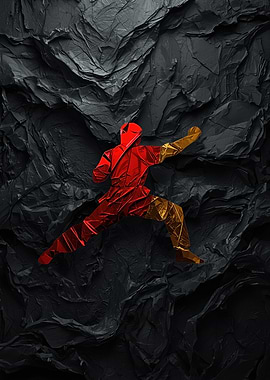 Geometric Ninja in Red and Gold — Origami-Style Martial Arts Silhouette on Textured Black