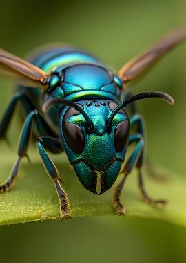 Close-up of a metallic blue wasp
