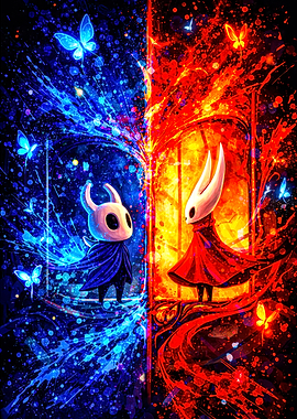 Hollow Knight Characters in Blue and Red Splatter Art