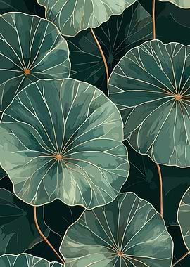 Dark Green Lotus Leaves Pattern