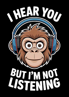 Monkey with headphones saying I hear you but I'm not listening