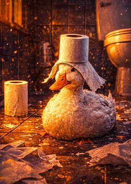 Duck wearing toilet paper hat in bathroom