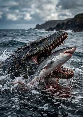 Mosasaurus eating a shark