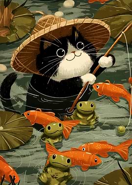 Cat Fishing with Frogs and Goldfish