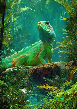 Green Lizard in Lush Jungle