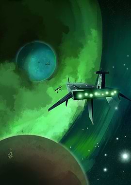 Sci-fi Spaceship in Green Nebula