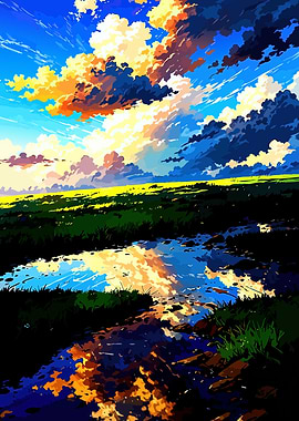 Vibrant Anime Landscape with Reflecting Sky