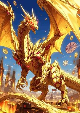 Golden Dragon Over Ruined City