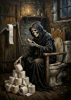 Grim Reaper on Toilet with Toilet Paper