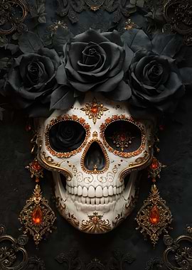 Ornate Sugar Skull with Black Roses