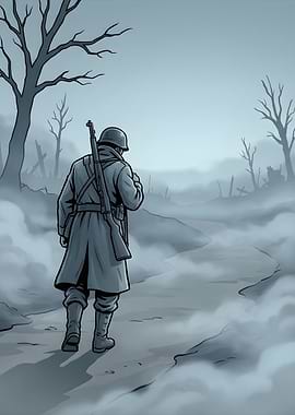 Soldier walking through a desolate landscape