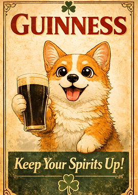 Corgi with Guinness and a Lucky Clover