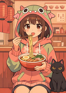 Anime Girl Eating Ramen with Cat