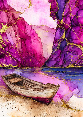 Wooden boat pink mountains landscape