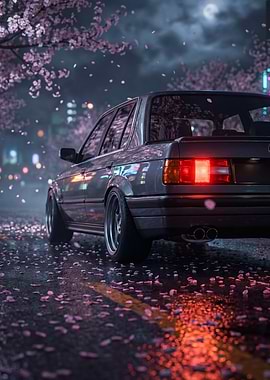 Car BMW E30 Cherry Blossoms at Night