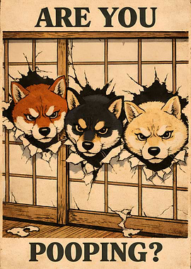 Are You Pooping? Three Shiba Inus Breaking Through a Window Funny Japanese Asian Art