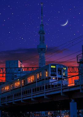 Tokyo Skytree at Dusk with Train