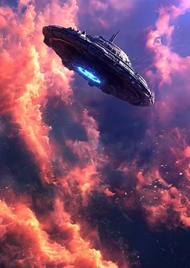Alien Spaceship in Fiery Clouds