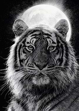Detailed Tiger Moon Drawing Black