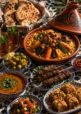 Algerian Couscous Feast with Tagine and Kebabs