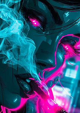 Cyberpunk Woman Smoking Neon