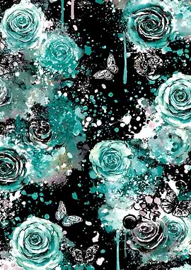 Teal Roses and Butterflies on Black