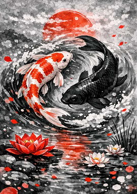 Yin Yang Koi Fish and Lotuses