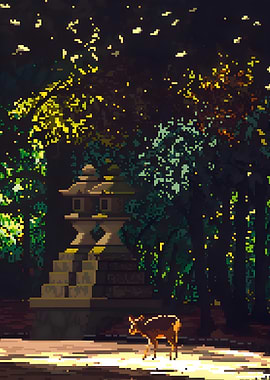 Pixel Art Deer and Stone Lantern in Forest