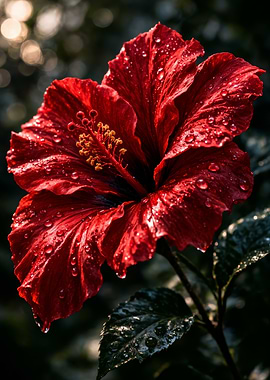Red Hibiscus Flower with Water Droplets