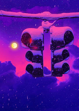 Snowy Traffic Light at Night