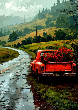 Red Truck Full of Roses on Wet Road
