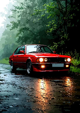 Red BMW on a Wet Forest Road