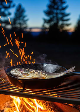 Fish Cooking on Campfire Grill