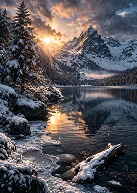 Snowy Mountain Lake at Sunset