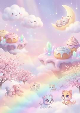 Dreamy Cloudscape with Cute Animals and Sweets