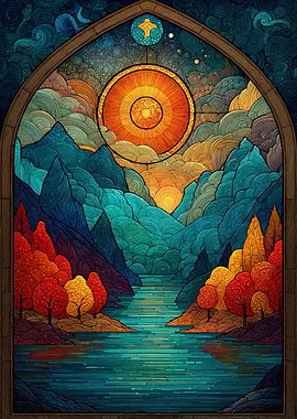 Stained Glass Mountain Landscape