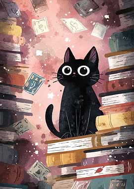 Black Cat Among Books and Tarot Cards