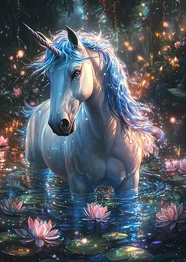 Magical Unicorn in a Lotus Pond
