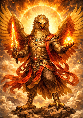 Golden Eagle Warrior with Fiery Sword