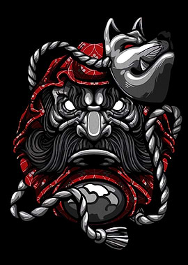 Japanese Oni Mask with Fox Mask