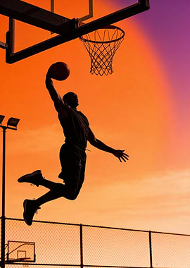 Basketball player dunking at sunset