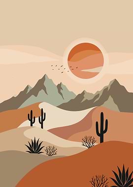 Desert Landscape with Sun and Mountains