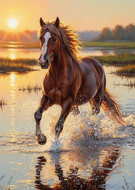 Horse running through water at sunset