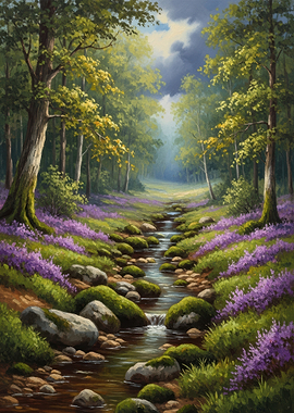 Enchanted Forest Stream with Purple Flowers