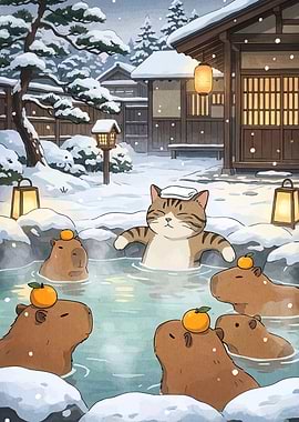 Cat and Capybaras in a Winter Hot Spring