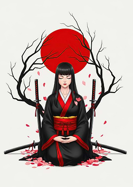 Meditating Samurai Woman with Swords
